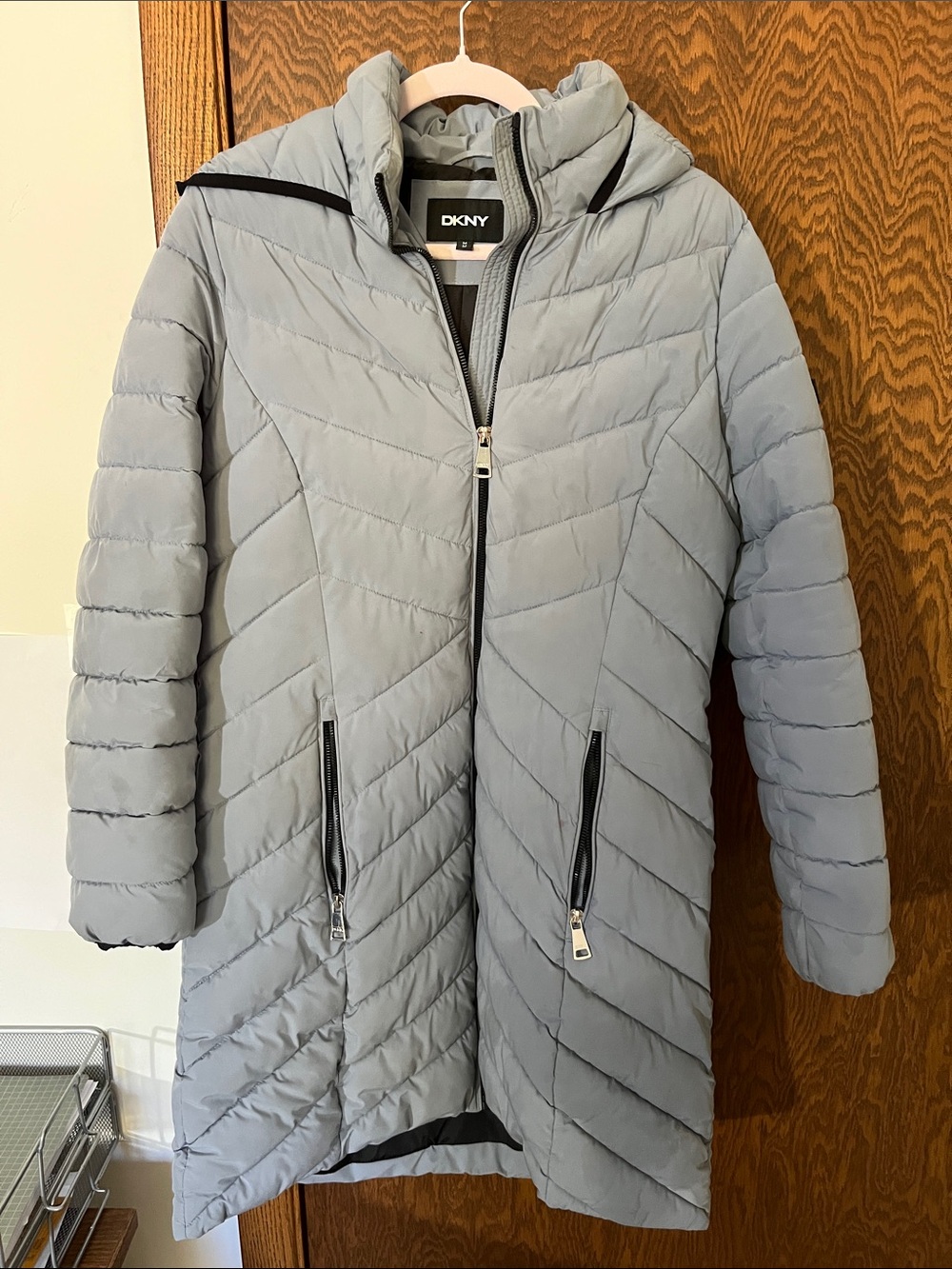 DKNY Light Gray Hooded Quilted Long Puffer Coat Keeps you warm below freezing.